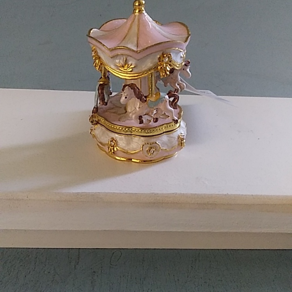 COPY - COPY - Bejeweled Mini Hinged Trinket Pill Box Merry-Go-Round 3" High Met…